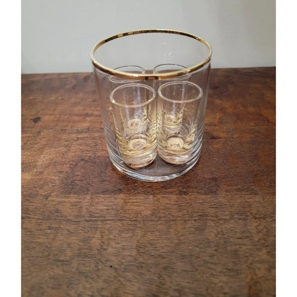 Vintage MCM Shot Glass Set w/ Holder Barware Gold Tone‎ Rim Retro